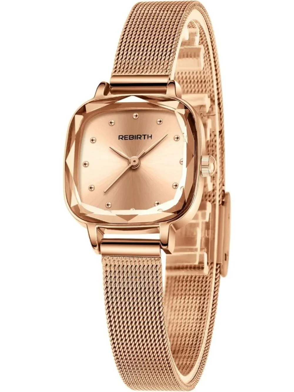 Women's Rose Gold Square Minimalist Dial Mesh Band Crystal Case Wrist Watch